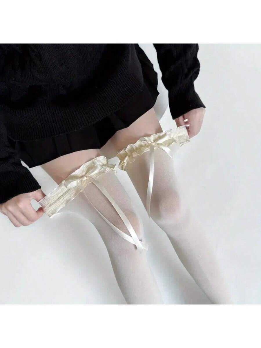 جوارب طويلة فوق الركبة للنساء ذوات الحجم الكبير مع زخرفة فيونكة - جوارب طويلة مطاطية ومطاطة، لون أحادي، قابلة للغسل في الغسالة، إكسسوار موضة، مناسبة للملابس الشارعية والفساتين، حافة مكشكشة، قماش ناعم، مناسبة للمناسبات الرسمية والكاجوال