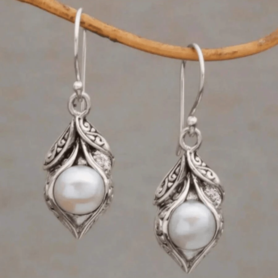 1 对波西米亚复古雕花图案仿珍珠吊坠耳环，适合女性休闲日常佩戴和送礼 - 古銀色 02 - 查看 1