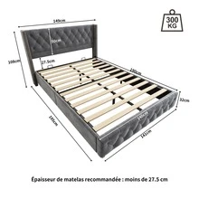 Upholstered Bed 140*190cm With Slatted Base And Headboard, Button Tufting, Rivet Tufting, Wooden Legs, Velvet, Grey - Gray + Velvet - View 2