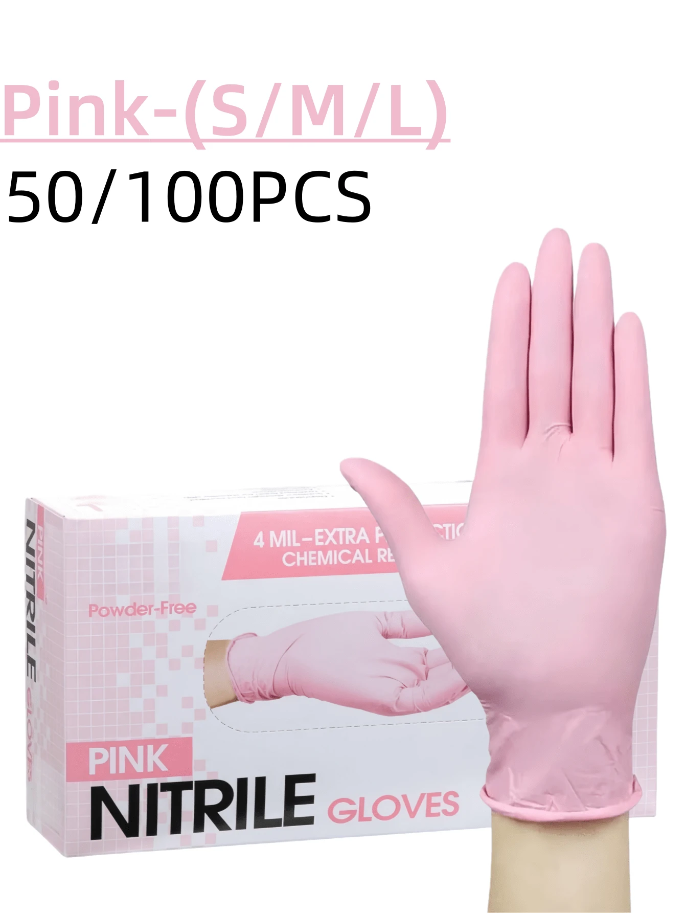 Mănuși de nitril roz de unică folosință, 100 buc/pachet, disponibile în mărimile S/M/L. Mănuși de curățenie durabile pentru uz casnic, potrivite pentru bucătărie, baie, curățenie, magazine de tatuaje, saloane, vopsire păr, îngrijire animale de companie, produse de înfrumusețare și unelte de uz casnic. Design flexibil, purtare confortabilă (fără cutie de ambalare).