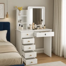 White Makeup Vanity With LED Lighted Mirror, 5 Drawers, Open Shelves, Sliding Mirror Dressing Table, Modern Minimalist Makeup Desk Organizer For Bedroom, Small Apartment Vanity Station - 白色 - 查看 11