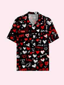 1pc Customizable Men's Hawaiian Shirt, Brazil Collar Button-Up Shirt, Personalized Heart Print Short Sleeve Shirt With Funny Face Design, Customized Couple Matching Shirt, Personalized Photo Gift For Boyfriend, Husband, Family, Friends, Best Valentine's Day Gift - Multicolor - View 4