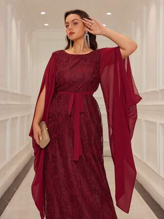 Vestido de noche elegante de talla grande con parches de encaje de unicolor