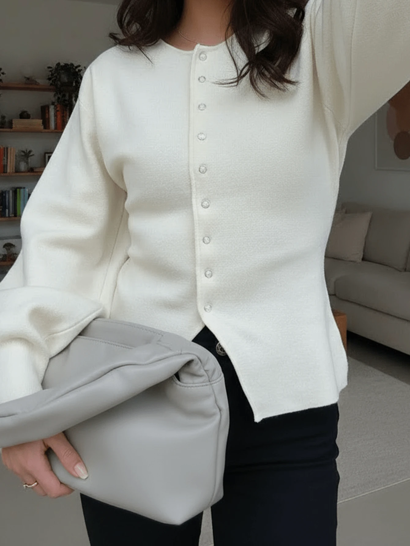 女士秋冬新款法式浪漫休闲百搭简约优雅针织开衫 - 杏色 - 查看 1