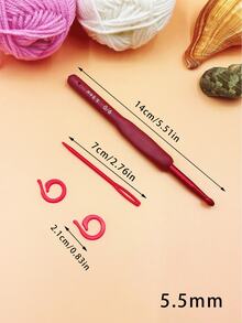 4件套红色钩针套装，包含1个软柄钩针、1根7厘米毛线针和2个记号扣，便携式钩针配件，编织DIY工具套装 - 紅色 - 查看 8