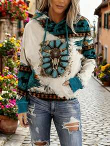 Elephant & Geo Print Kangaroo Pocket Drop Shoulder Drawstring Hoodie - Multicolor - View 1