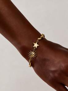 Pulseira com pingente de sol, estrela e lua em ouro 14K (1 peça), estilo vintage e elegante, ideal para mulheres. Perfeita para casamentos, férias, festas, uso diário, aniversários, Ramadã, Dia das Mães, aniversários de casamento, Dia dos Namorados e como presente de Natal. - Pulseira do Sol - Ver 2