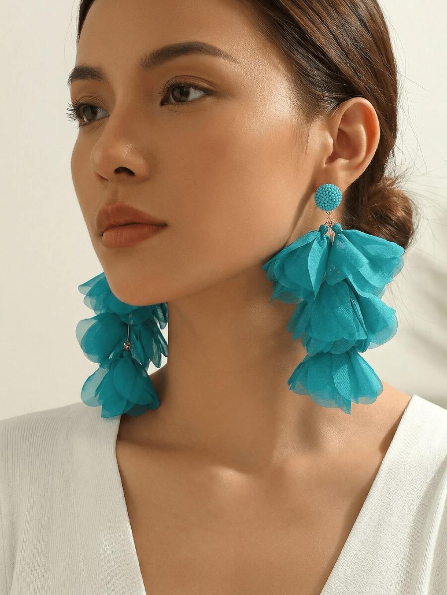 1 Pair Light Blue Multi-Layer Tassel Earrings, Handmade Bohemian Style Jewelry For Women, Suitable For Parties, Galas And Other Occasions - Light Blue - View 1