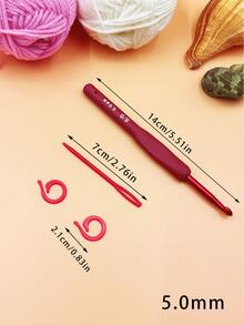 4件套红色钩针套装，包含1个软柄钩针、1根7厘米毛线针和2个记号扣，便携式钩针配件，编织DIY工具套装 - 紅色 - 查看 16