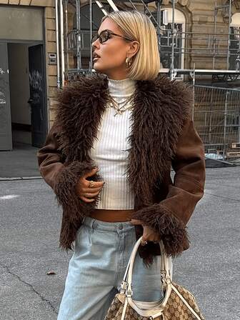 HZXVIC Women's Retro Faux Fur Jacket, Patchwork Suede Motorcycle Style Coat, Autumn/Winter 2025 New Arrival