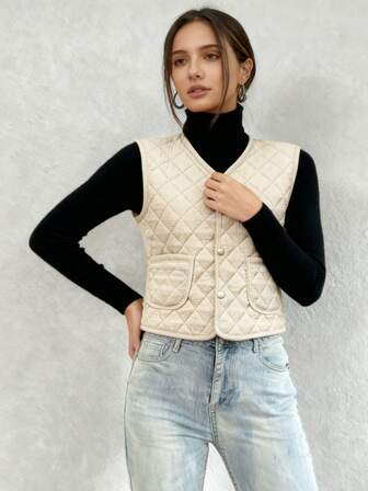 Chaleco acolchado sin mangas con cuello en V para mujer, con detalles de botones, ligero y ajustado, chaqueta de invierno cálida