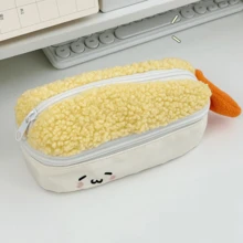 1个大容量可爱卡通毛绒文具收纳袋，寿司和脸部图案 - 多功能学校和办公室收纳袋，耐用铅笔盒，心形眼睛和红扑扑的脸颊，日式主题礼物，适合学生、女孩、动漫迷（柔和的颜色，拉链封口） - 三文鱼和炸虾图案，柔软的毛绒质地，白色和橙黄色可选，是文具收纳的理想之选 - 彩色 - 查看 7