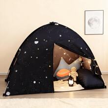 Kids Twin Size Bed Tent With Lights & Flags - Portable Foldable Canopy For Toddler Beds, Indoor Playhouse, Privacy Space For Boys & Girls, Perfect Gift For Bedroom Decor(Black Star) - 黑色星空 - 查看 2