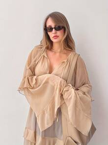 Women's Y2K Style Long Dress, Fashionable Ruffle Trim Solid Color Long Dress, Deep V-Neck Long Sleeve, Front Tie, Sheer Mesh Skirt, Loose Fit, Flowy Coverup, Suitable For Summer & Autumn Casual Dress, Beach Wear, Daily Outfit, Street Style - Khaki - View 3