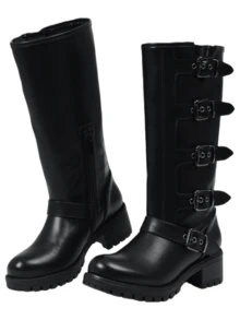 Fashion Riding Knee High Boots For Women Round Toe Mid Chunky Heel Buckle Side Zipper Wide Calf Boots Winter Outdoor Footwear For Women - 黑色 - 查看 8