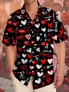 1pc Customizable Men's Hawaiian Shirt, Brazil Collar Button-Up Shirt, Personalized Heart Print Short Sleeve Shirt With Funny Face Design, Customized Couple Matching Shirt, Personalized Photo Gift For Boyfriend, Husband, Family, Friends, Best Valentine's Day Gift - Multicolor - View 2