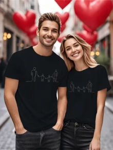 Minimalist Design Of A Family Holding Hands Unisex T-Shirt 1 Piece Perfect For Valentine's Day To Celebrate Love 100% Cotton BBVB T-Shirt - 黑色 - 查看 8