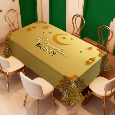1/20pcs Ramadan Tablecloth Golden Crescent Moon Stars Lanterns Islamic Pattern Decorative Table Cover For Kitchen Dining Room Holiday Party Outdoor Home Decor Arabic Style Festival Decoration Home Decor