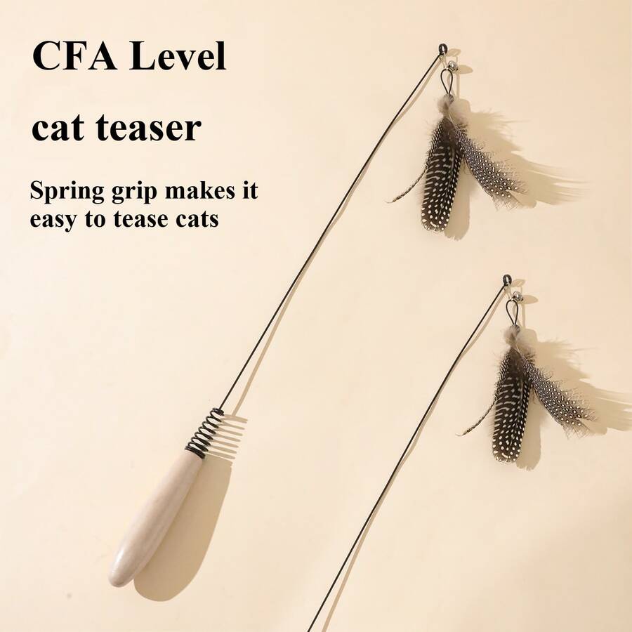 羽毛逗猫棒，互动猫玩具，内置钢弹簧，经久耐用，防啃咬，宠物娱乐好帮手 - 三色羽毛 - 查看 1