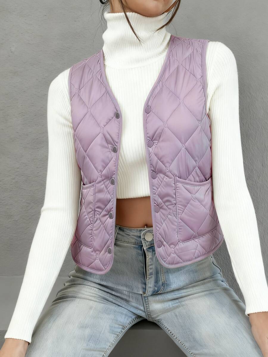 Women's Sleeveless V-Neck Quilted Vest With Pockets Regular Length Non-Stretch Winter Coat - Khaki - View 1