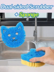 1/2/3件装三件装小猫脸多功能清洁双层温感百洁布，可爱强力去污，双面厨房海绵 - 温感不刮伤清洁垫，适用于餐具等 - 多表面安全海绵架，适用于现代厨房水槽，用于清洗餐具