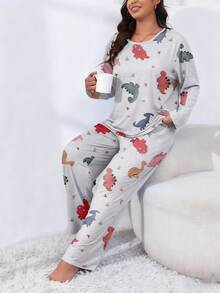 Bộ đồ ngủ in hình khủng long thoải mái cho nữ cỡ lớn - Vải dệt kim mềm mại, pha trộn Polyester & Spandex, áo dài tay & quần dài, đồ ngủ phù hợp cho mùa xuân, thu và đông - Màu Xám nhạt - Xem 5
