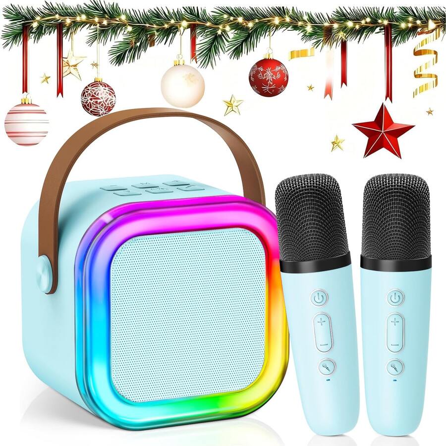 Mini Karaoke Machine With 2 Mics | Bluetooth 5.0 TWS TECH (50ft Range) | Microphone With 5 Voice-Changing Effects | 7-Color LED Lights | Premium ABS Material | Portable MP3 Player For Party, 2025 Top Birthday & Christmas Gift