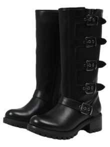 Fashion Riding Knee High Boots For Women Round Toe Mid Chunky Heel Buckle Side Zipper Wide Calf Boots Winter Outdoor Footwear For Women - 黑色 - 查看 2