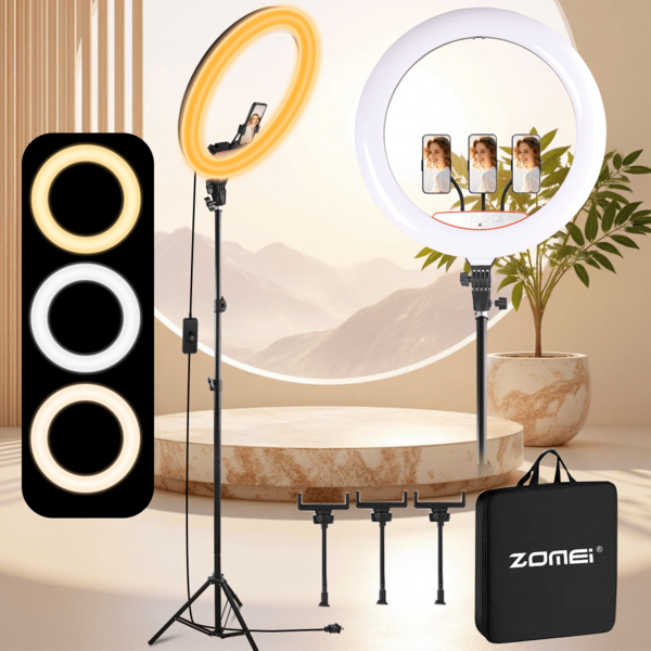 18" Large Ring Light With 180cm Heavy-Duty Foldable Aluminum Tripod, 3 Color Modes & 10 Brightness Levels, 3 Phone Holders, 180° Rotation & Carrying Case For Xmas Parties/Epic Live Streams