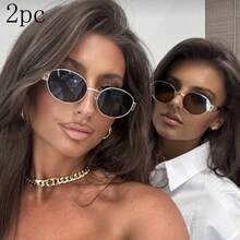 1/3 piezas Gafas de moda ovaladas y pequeñas para mujer, con montura de metal retro en color negro, con accesorios de viaje y playa - Multicolor - Ver 3