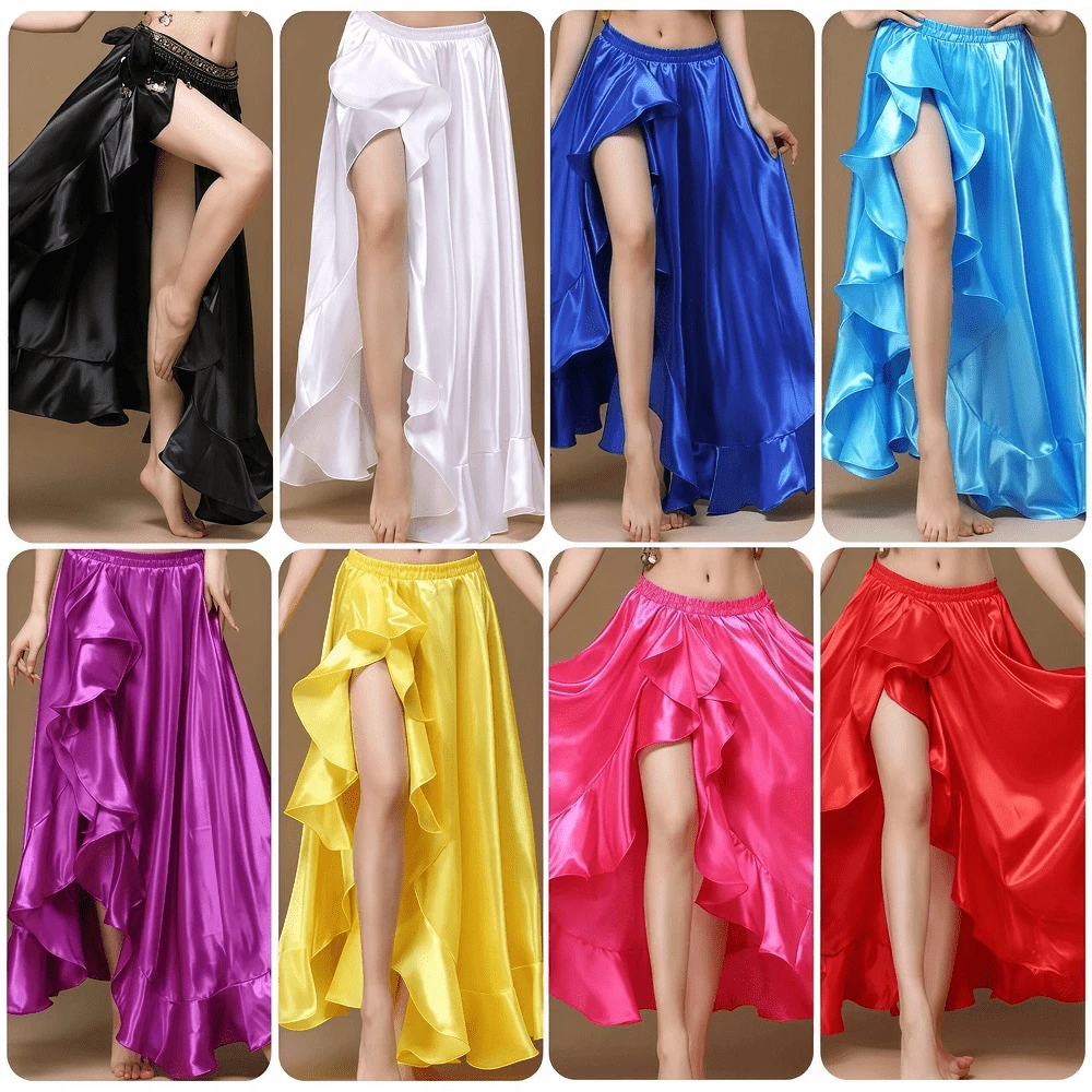 Chân váy maxi khiêu vũ thời trang, chân váy phồng xẻ tà đôi bằng satin dành cho nữ, thích hợp cho múa bụng, flamenco, nhạc rock.