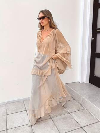 Vestido largo de estilo Y2K para mujer, vestido largo de unicolor con volantes a la moda, cuello en V profundo, manga larga, nudo delantero, falda de malla transparente, corte holgado, fluido, adecuado para vestido casual de verano y otoño, ropa de playa, atuendo diario, estilo callejero