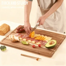 Tabla de cortar de madera gruesa y grande - Tabla de cortar sólida de madera con bandeja de servir, disponible en 3 tamaños, elegante veta de madera marrón oscuro, duradera y resistente, adecuada para queso, charcutería, aperitivos para fiestas - Perfecta para el hogar, catering, entornos formales - Superficie resistente y fácil de limpiar - 38.1 x 26 cm - Tabla de cortar de cocina multiusos con asas resistentes para un fácil transporte, bandeja de charcutería, bandeja de servir, tabla de cortar, tabla de servir - Óxido marrón - Ver 4