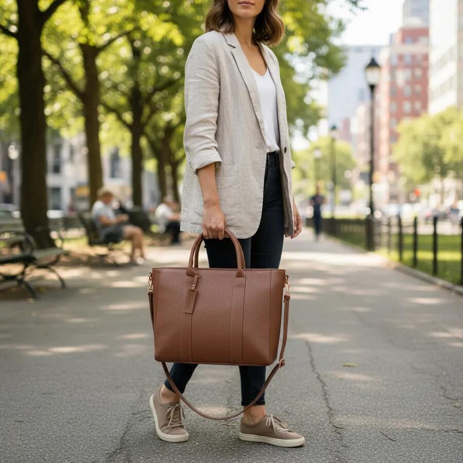 Large Structured Tote Bag For Women With Crossbody Strap, Premium Finish, Executive Style, Spacious And Comfortable - Coffee Brown - View 1