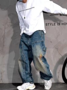 男士 Y2K 水洗个性化拼布破洞牛仔裤，百搭宽松休闲修身直筒阔腿裤 - 藍色 - 查看 5