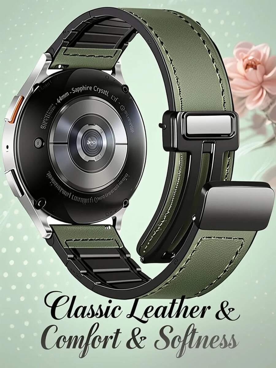 适用于三星 Galaxy Watch 7、Band 6、5、4、FE、Active 2（40 毫米/44 毫米）/ Watch 6 / 4 Classic / Watch 5 Pro / Watch 3 的磁吸式真皮表带。20 毫米真皮表带，适用于三星手表。也适用于华为 Watch 2 / Watch 2 Sport / Watch GT 42 毫米 / Watch GT2 42 毫米 / Watch GT3 42 毫米。兼容 Garmin 20 毫米表耳的手表（例如 Forerunner、Vivoactive、Venu、Fenix 系列）。