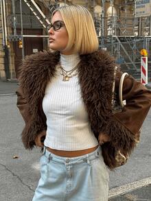 HZXVIC Women's Retro Faux Fur Jacket, Patchwork Suede Motorcycle Style Coat, Autumn/Winter 2025 New Arrival - màu nâu - Xem 4