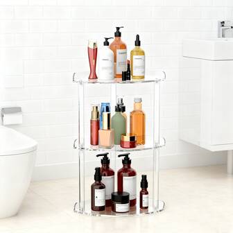Estante de esquina de acrílico de 7x7 pulgadas, organizador de almacenamiento transparente para encimera de tocador para el baño, sostiene cosméticos y artículos de tocador