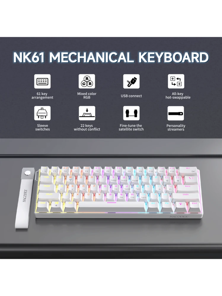 re.★①②郵 丸1012→ネオン系各6種類計12シート AJAZZ NK61 60% Compact Wired Keyboard, 61 Keys RGB Backlit