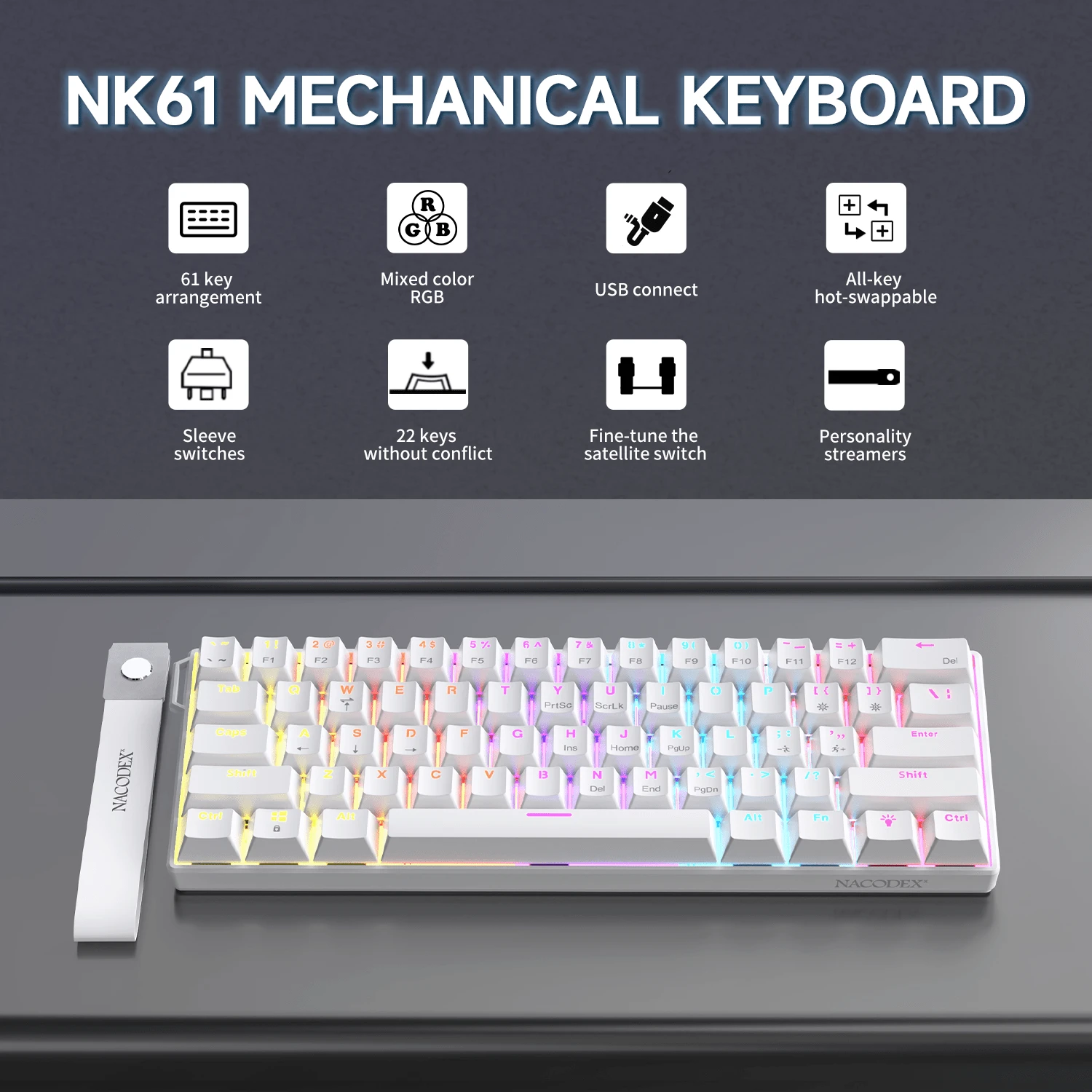 AJAZZ NK61 60% 紧凑型有线键盘，61 键 RGB 背光，小巧便携，办公/电脑机械键盘，全键热插拔，适用于 Windows 平板电脑、笔记本电脑和游戏设备