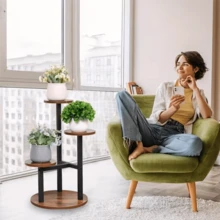 رف نباتات معدني وخشبي متعدد الطبقات بإطار أسود وإطار خشبي - عرض النباتات المزروعة في أصص داخلي/خارجي، مثالي لغرف المعيشة والشرفات أو زوايا الحديقة، رف نباتات داخلي | إطار معدني أنيق | تركيبة خشب وحديد