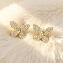 1 Bộ trang sức mặt dây chuyền hình bướm bằng thép không gỉ đính đá Cubic Zirconia và hoa tai dành cho nữ, thiết kế thời trang sang trọng, phụ kiện quà tặng - Con bướm vàng - Xem 3