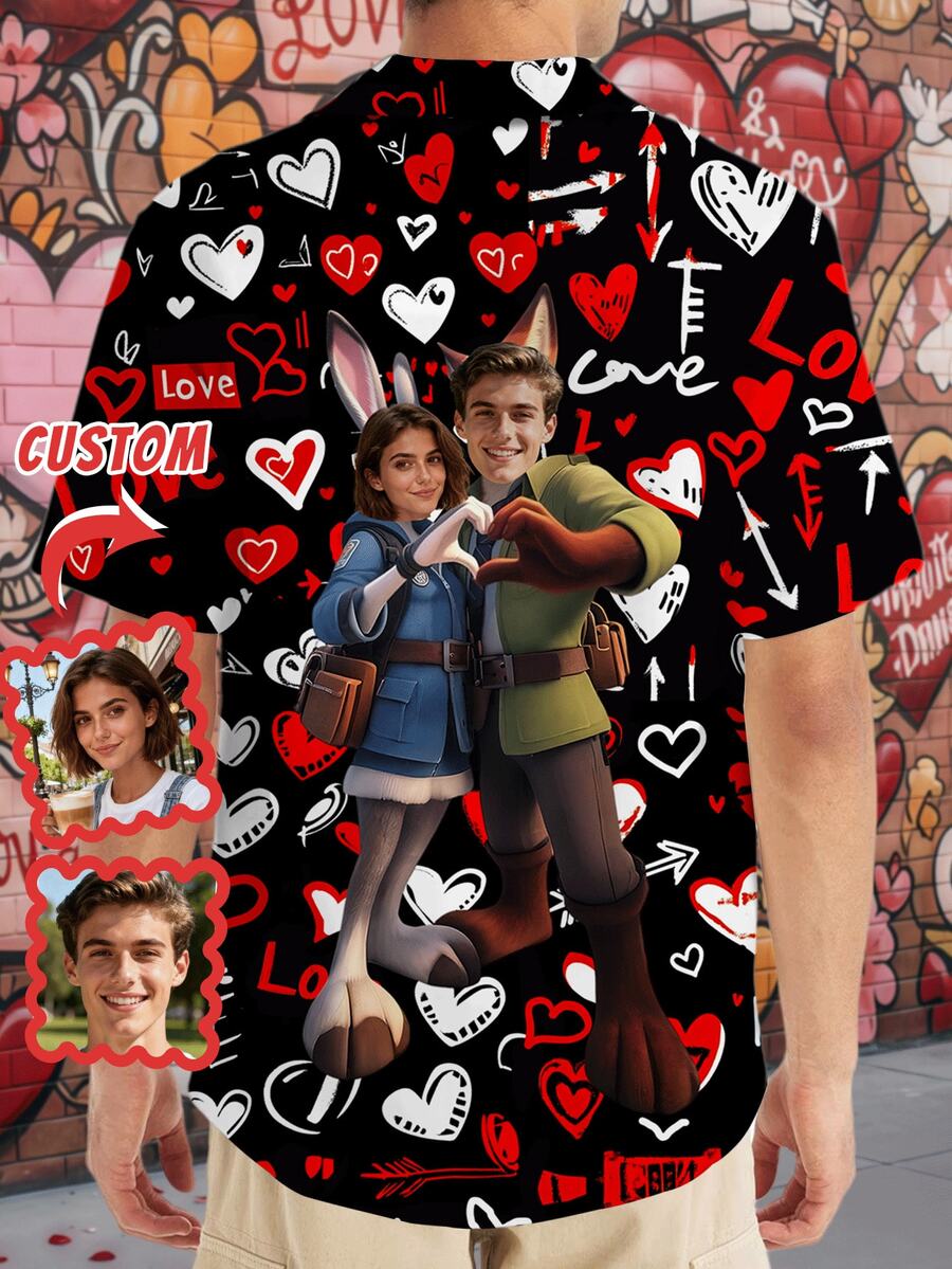 1pc Customizable Men's Hawaiian Shirt, Brazil Collar Button-Up Shirt, Personalized Heart Print Short Sleeve Shirt With Funny Face Design, Customized Couple Matching Shirt, Personalized Photo Gift For Boyfriend, Husband, Family, Friends, Best Valentine's Day Gift - Multicolor - View 1