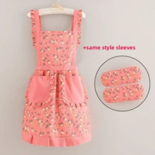 Women's Suspenders Apron With Sleeves Kitchen Canvas Household Wear-Resistant Smock Adult Breathable Two Pieces Apron Set - Multicolor - View 12