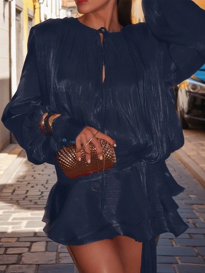 Millennium Style Tie-Up Ruffle Collar Double-Layer Flounce Lantern Sleeve Shirt Dress, No Belt Included, Ladies' Sexy Party Wear Clothing, Suitable For New Year, Valentine's Day