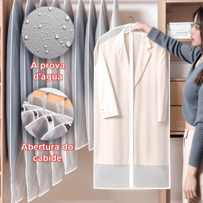 Kit de 5 sacos protetores contra poeira, com fechadura zíper transparente, feitos de material EVA, laváveis à água, penduráveis e portáteis, adequados para organização de armários, proteção de camisas, ternos, vestidos e outros itens de vestuário contra poeira, sendo também capas para roupas transparentes com zíper.