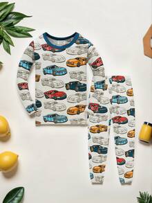 Kids' Cotton Pajamas Set With Cars Pattern, Soft Sleepwear For Boys Age 1-8 Years Old All-Season Long Sleeve PJS For Play & Sleep - 淺灰色 - 查看 2