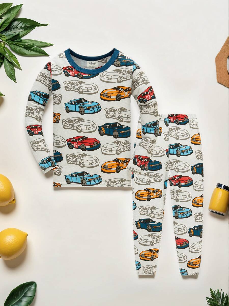 Kids' Cotton Pajamas Set With Cars Pattern, Soft Sleepwear For Boys Age 1-8 Years Old All-Season Long Sleeve PJS For Play & Sleep - 淺灰色 - 查看 1