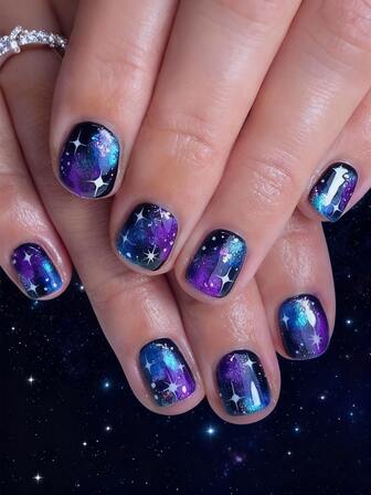 24片星空紫色蓝色闪粉亮片短方形按压式美甲贴片