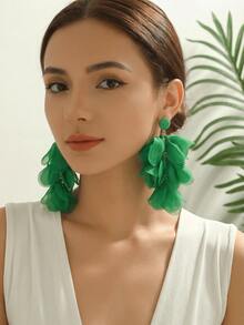 1 Pair Handmade Green Fabric Flower Tassel Earrings, Exaggerated Fashion Jewelry, Suitable For Party, Prom, Beach Vacation - Green - View 4